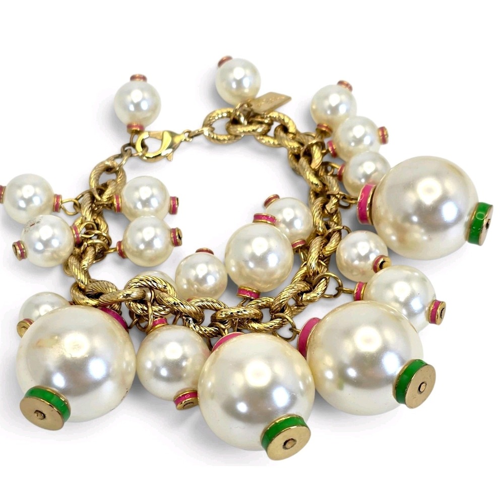 Lilly Pulitzer Goodie Bauble Pearl Charm Bracelet Gold Tone Pink Green